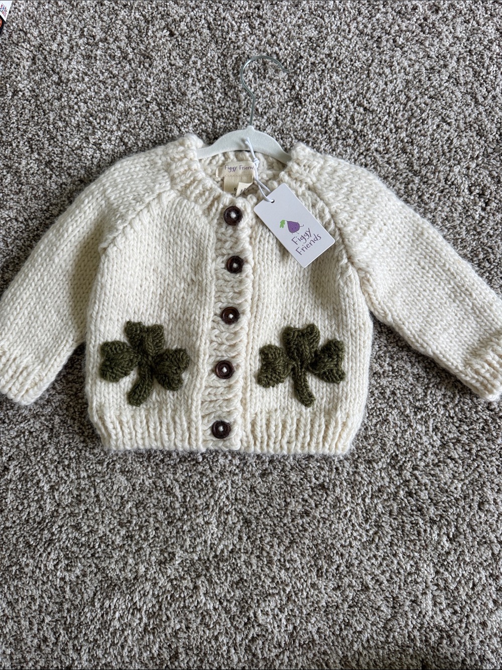 FRIENDS Cream Knit Cardigan with Olive Clover Appliqués